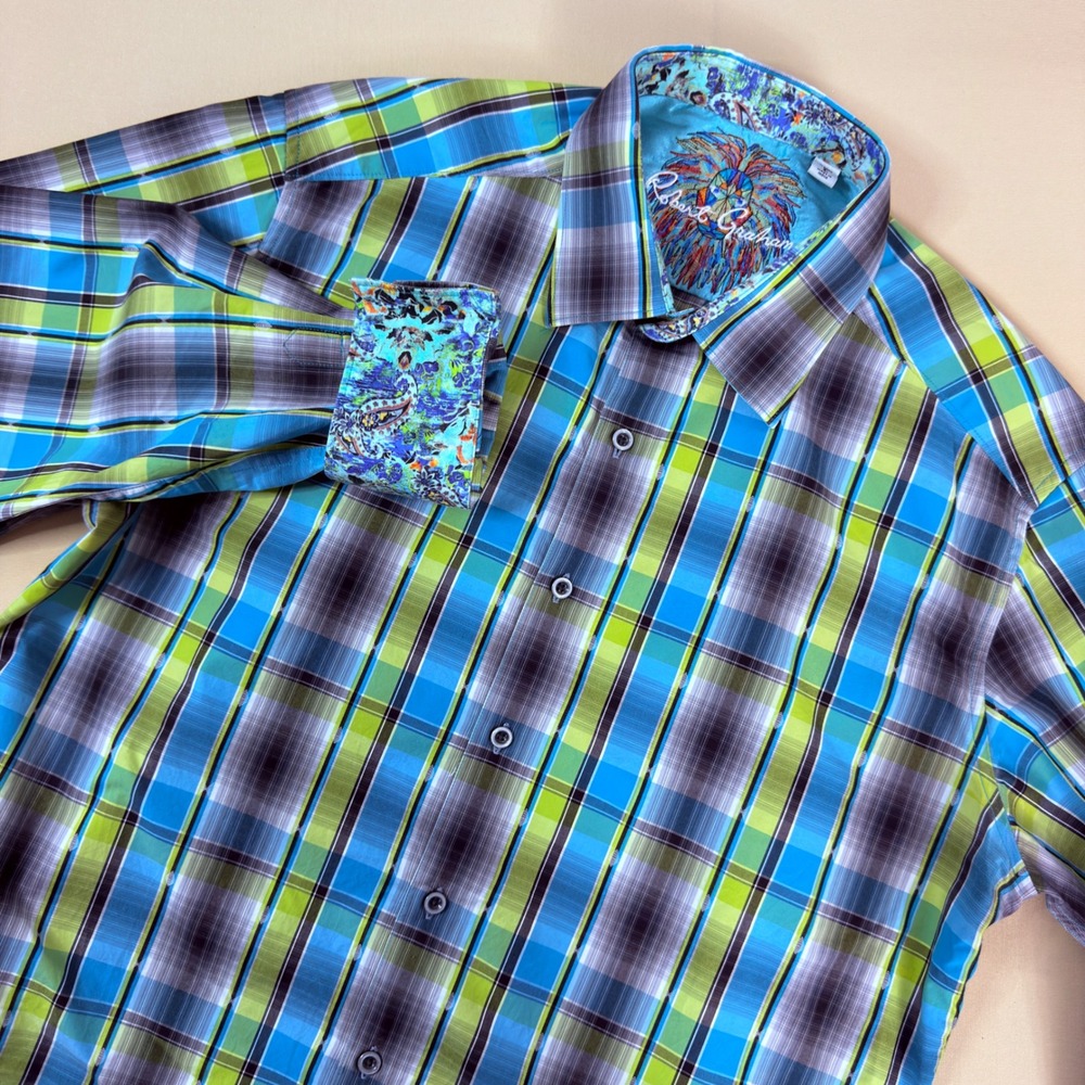 Robert Graham Button Down Shirt Mens L Blue Plaid Embroidered Lion Classic Fit